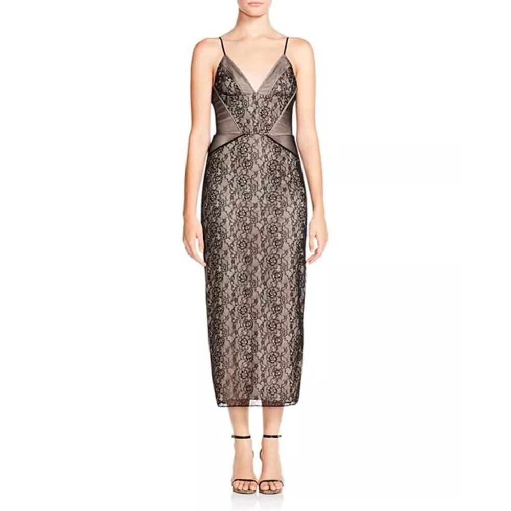 Haute Hippie Black Lace Midi Dress with Nude Underlay